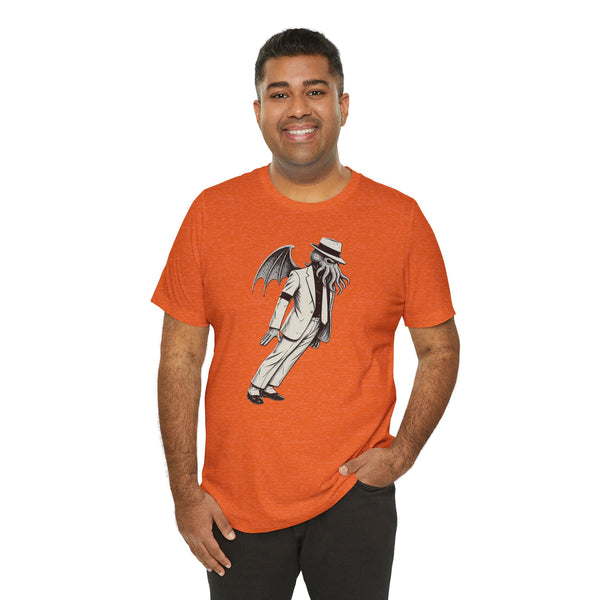 Orange crewneck T-shirt with large character graphic, short sleeves
