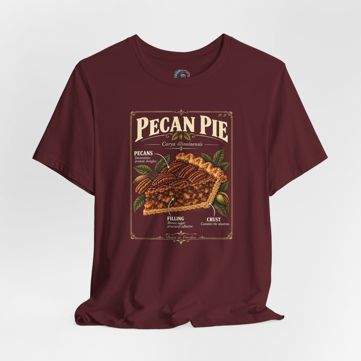 Maroon pecan pie graphic T-shirt with square poster-style illustration on chest
