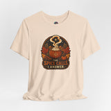 Light cream crew-neck short-sleeve T-shirt with circular spice-themed graphic