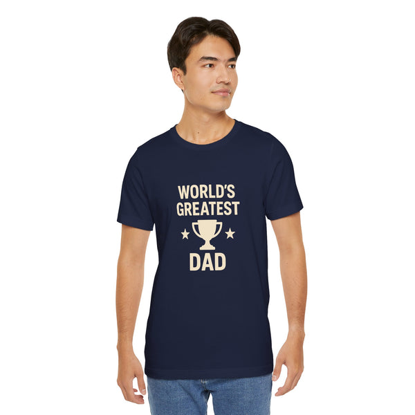 Navy T-shirt with front “WORLD’S GREATEST DAD” trophy and stars graphic
