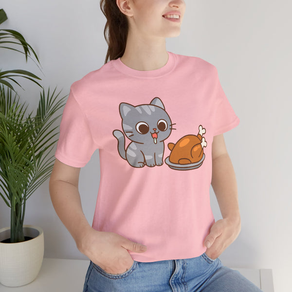 Pink crew-neck T-shirt with gray cat and brown roast graphic across the chest.