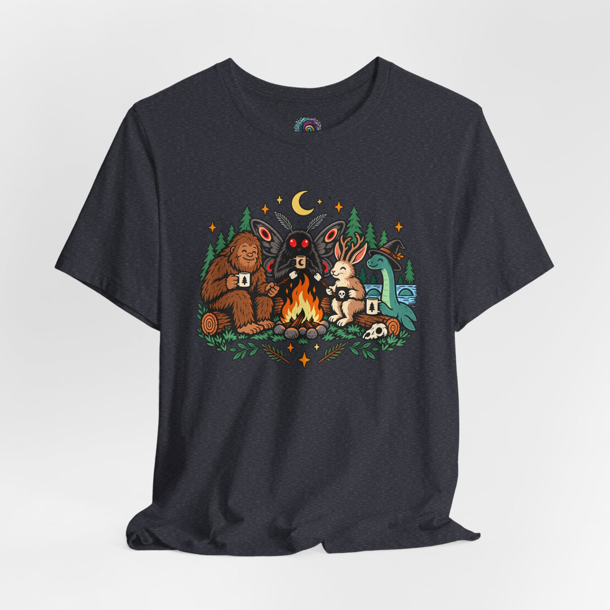Navy crew-neck t-shirt with colorful campfire cryptid graphic on front