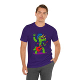 Purple crewneck graphic dinosaur t-shirt with triceratops playing guitar, casual look