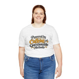 White crew-neck short-sleeve T-shirt worn by model with 