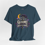 Deep teal crew-neck T-shirt with colorful goth cat “Gloomy is a lifestyle choice” print