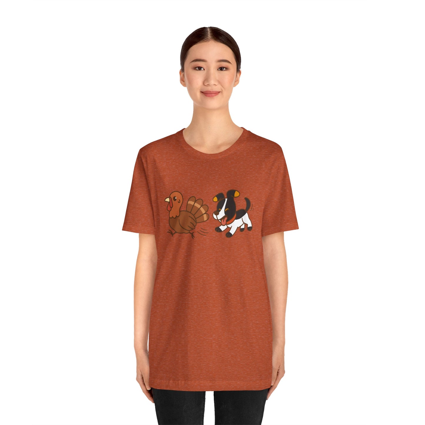 Dog Chasing Turkey T-Shirt – Funny Thanksgiving Dog Tee
