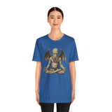 Blue unisex graphic T-shirt with meditating monster illustration at center chest