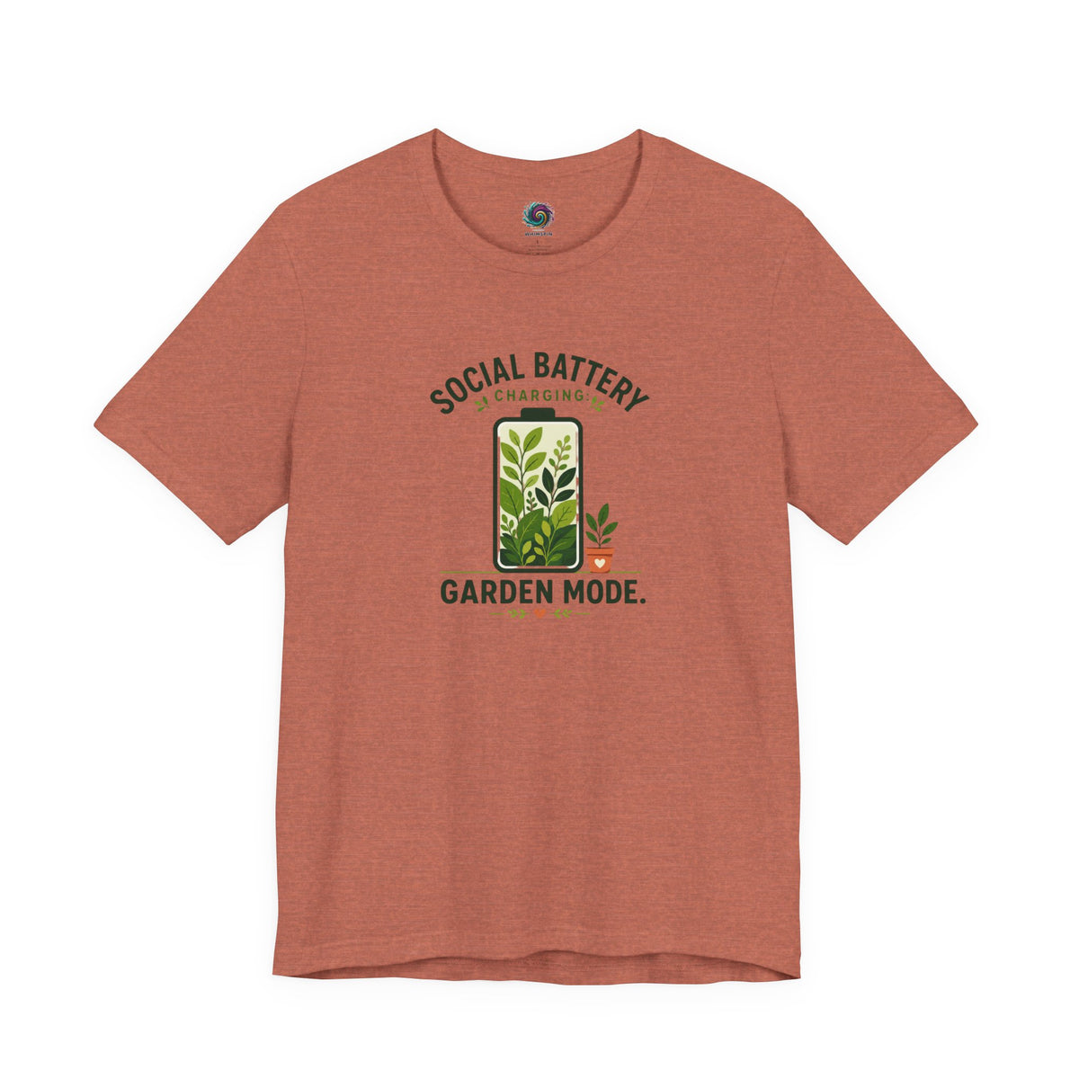 Rust red T-shirt with 'Social Battery Charging' and 'Garden Mode' plant graphic