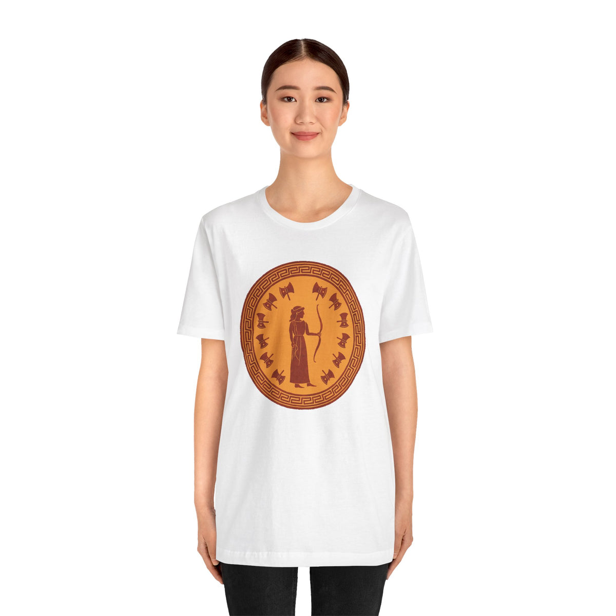 White crewneck T-shirt with circular bronze queen graphic, worn by model