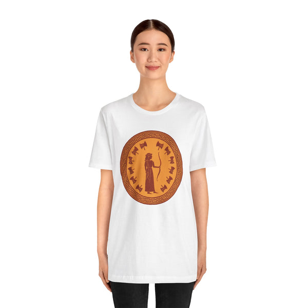 White crewneck T-shirt with circular bronze queen graphic, worn by model
