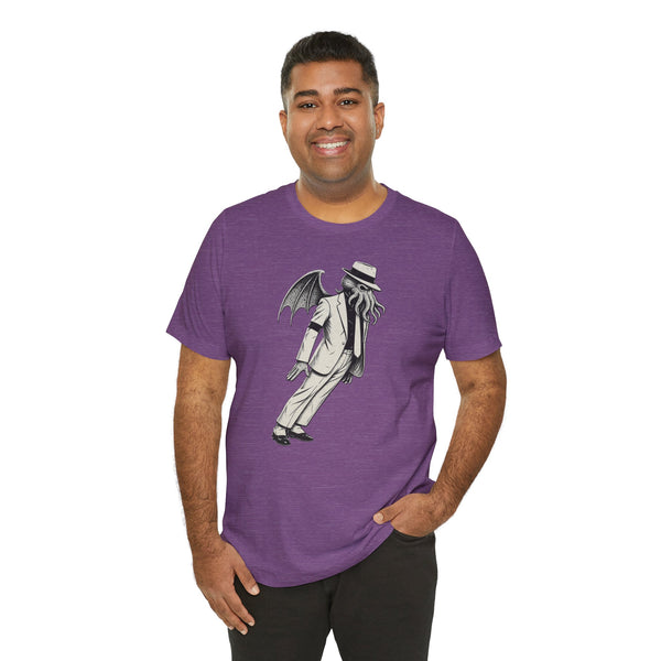 Purple heather crewneck graphic t-shirt with tall monster figure front print