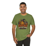 Olive green crew-neck T-shirt with large witch gourd front graphic, short sleeves