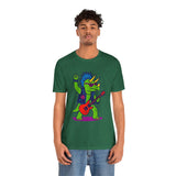 Heather grass green men’s t-shirt with punk triceratops playing red electric guitar graphic