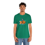 Green crew-neck t-shirt with orange fish-shark graphic, chest print