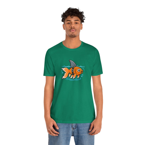 Green crew-neck t-shirt with orange fish-shark graphic, chest print