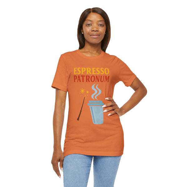Burnt orange short-sleeve crewneck T-shirt with “Espresso Patronum” text and wand graphic