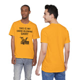 Orange crewneck T-shirt showing front and back with snow-blowing graphic