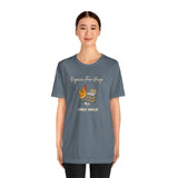 Heather blue unisex T-shirt with chicken and egg basket graphic, crew neck