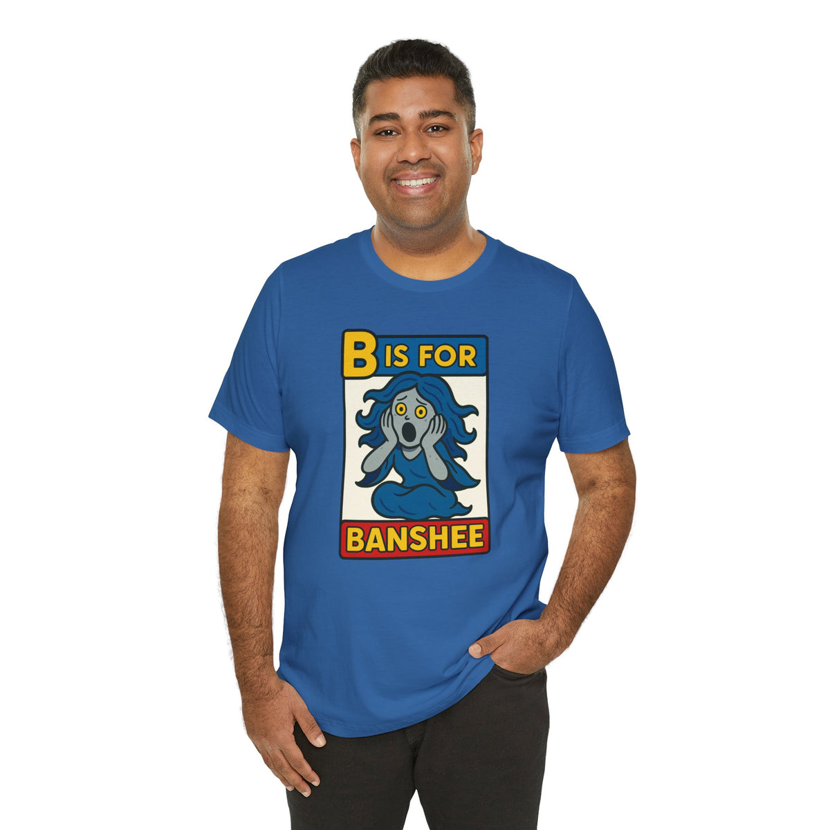 Blue crew-neck T-shirt featuring 'B is for Banshee' square graphic, short sleeves