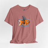 Mauve crew-neck t-shirt with orange fish-shark swimming graphic
