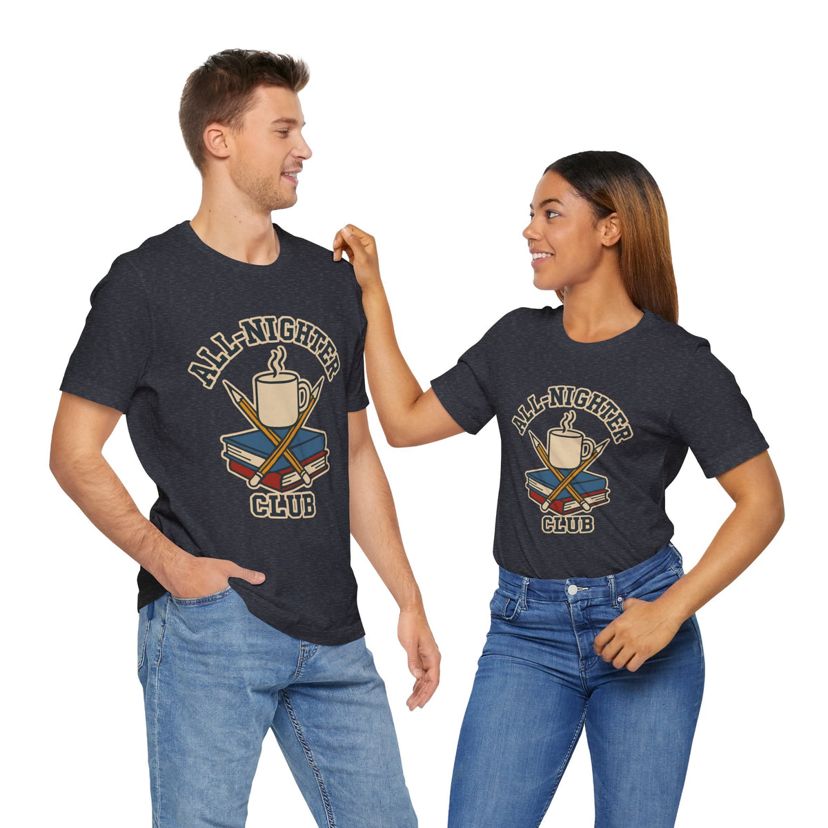 Two models wearing dark heather T-shirts with 'All-Nighter Club' coffee cup graphic.