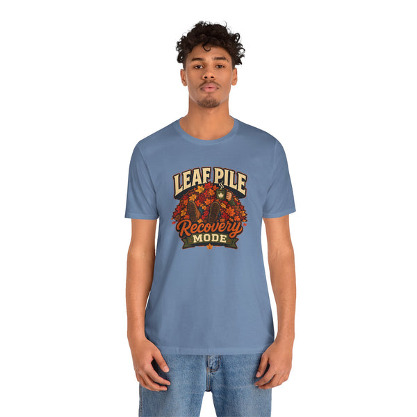 Steel blue crew-neck short-sleeve T-shirt with autumn leaf wreath “Recovery Mode”