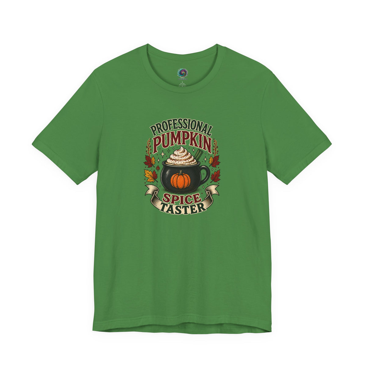 Green crew-neck T-shirt with colorful pumpkin-spice coffee graphic on the chest