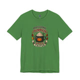 Green crew-neck T-shirt with colorful pumpkin-spice coffee graphic on the chest