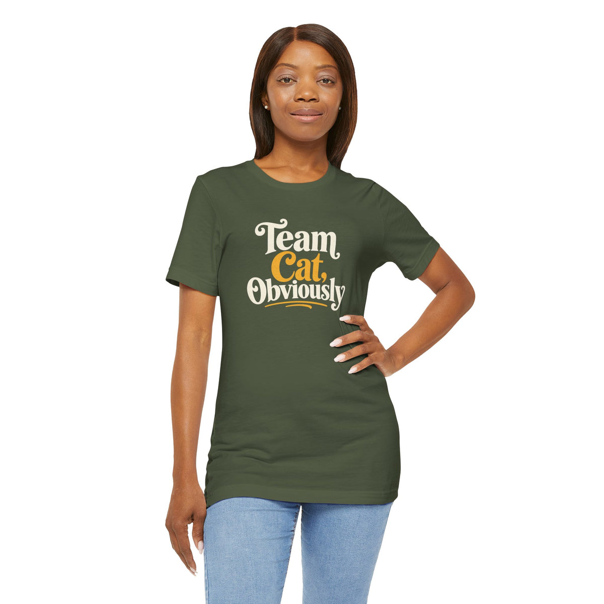 Olive green crewneck t-shirt with 'Team Cat, Obviously' front graphic, hand on hip