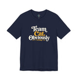 Navy T-shirt with 'Team Cat, Obviously' graphic, short sleeves, crew neck