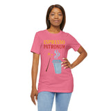 Pink crew-neck T-shirt with espresso-themed graphic, wand and cup with steam