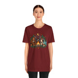 Burgundy campfire cryptid graphic t-shirt, front view on model