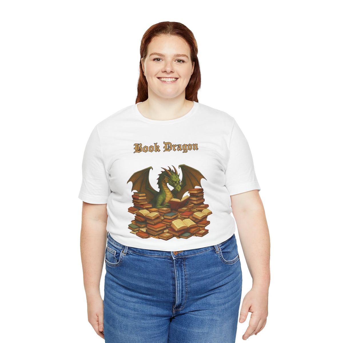 White crewneck t-shirt on model, “Book Dragon” graphic centered on the chest