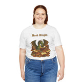 White crewneck t-shirt on model, “Book Dragon” graphic centered on the chest