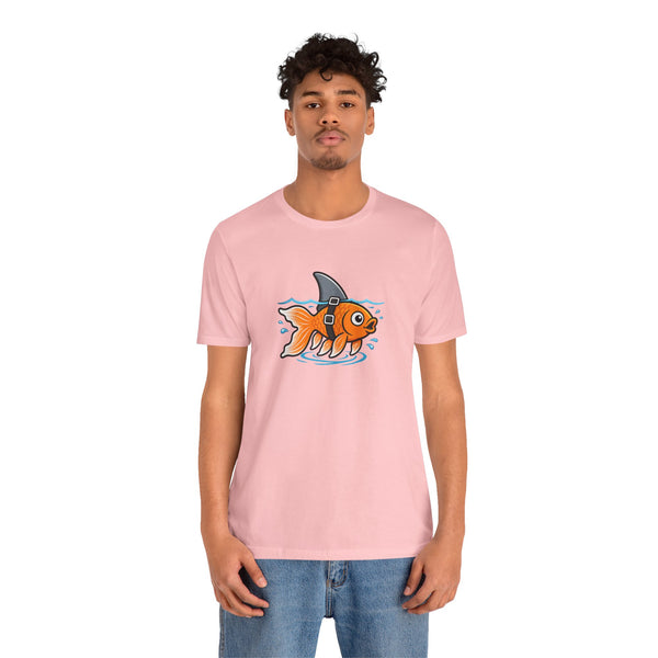 Light pink crewneck T-shirt with orange fish diving-helmet graphic, front view
