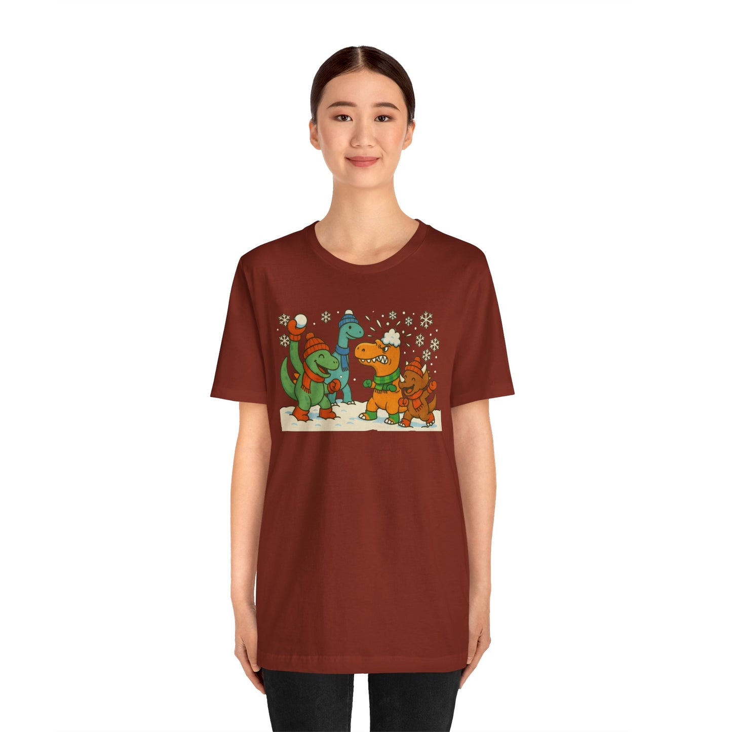 Dinosaur Snowball Fight T-Shirt – Funny Winter Dino Graphic Tee