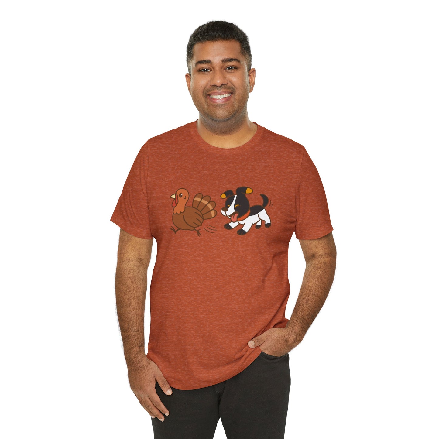 Dog Chasing Turkey T-Shirt – Funny Thanksgiving Dog Tee