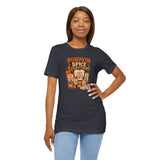 Dark navy short-sleeve crewneck tee with front pumpkin spice everything food graphic.