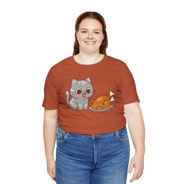Rust orange cat and turkey graphic T-shirt, crew neck short-sleeve, smiling model front