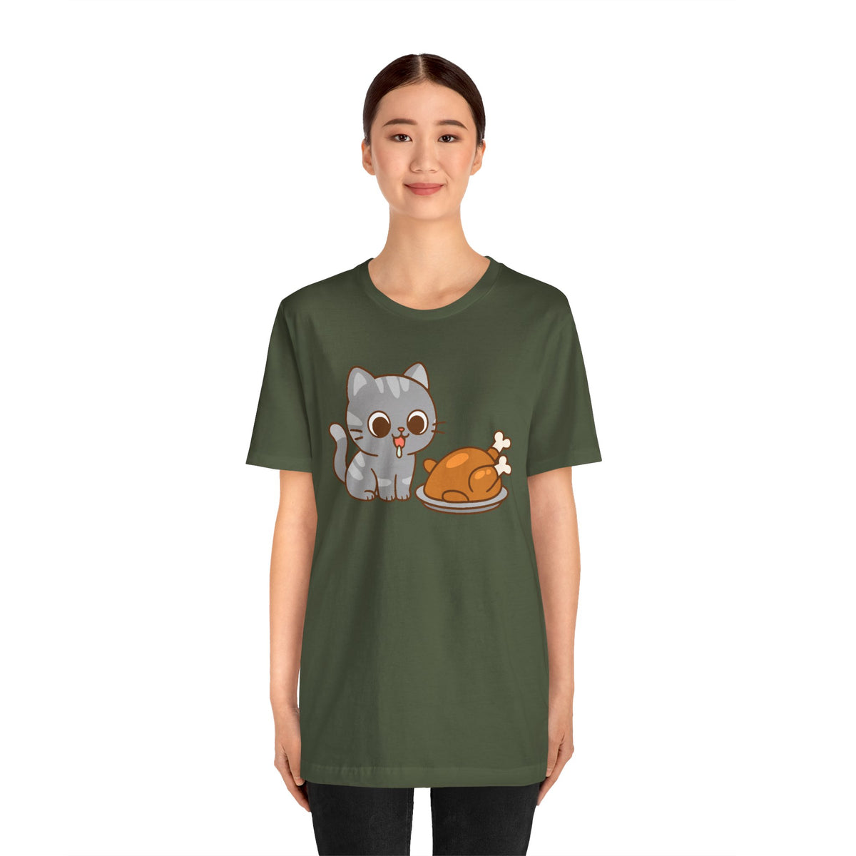 Olive green crew-neck t-shirt with cute cat and turkey graphic on front