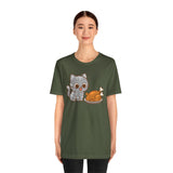 Olive green crew-neck t-shirt with cute cat and turkey graphic on front
