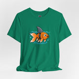 Green crew-neck t-shirt with orange fish-shark swimming graphic