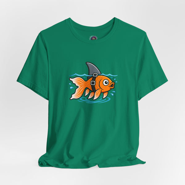 Green crew-neck t-shirt with orange fish-shark swimming graphic