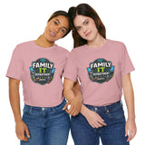 Two mauve crewneck t-shirts with “Family IT Department” graphics, standing together