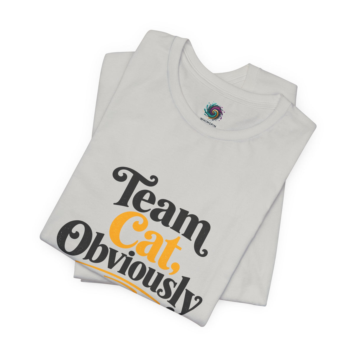 Folded light gray crew-neck T-shirt with 'Team Cat, Obviously' print
