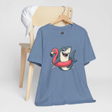 Blue crew-neck T-shirt with shark and flamingo graphic front print