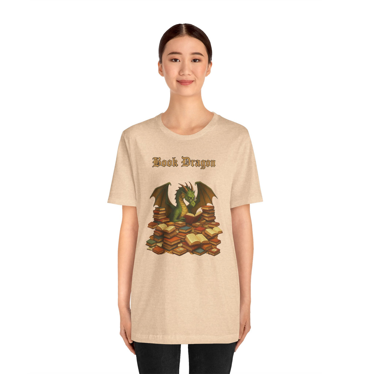 Tan crew-neck t-shirt with Book Dragon graphic on the chest
