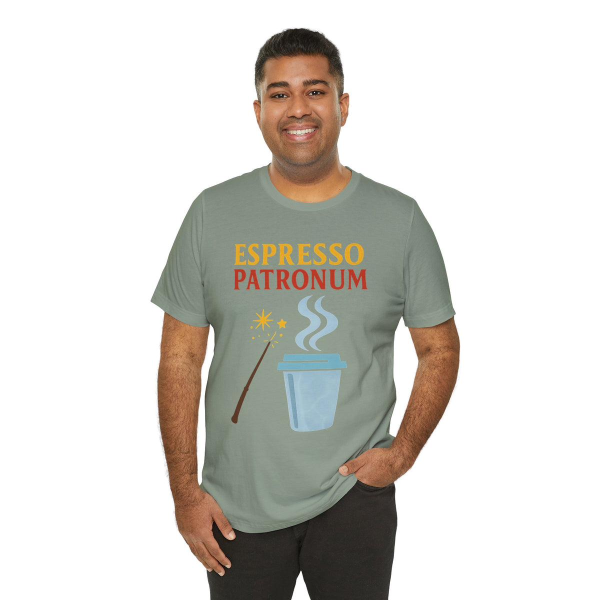 Heather sage green t-shirt with “ESPRESSO PATRONUM” graphic and coffee cup icon