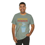 Heather sage green t-shirt with “ESPRESSO PATRONUM” graphic and coffee cup icon