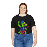 Black crewneck t-shirt with colorful triceratops punk guitar print
